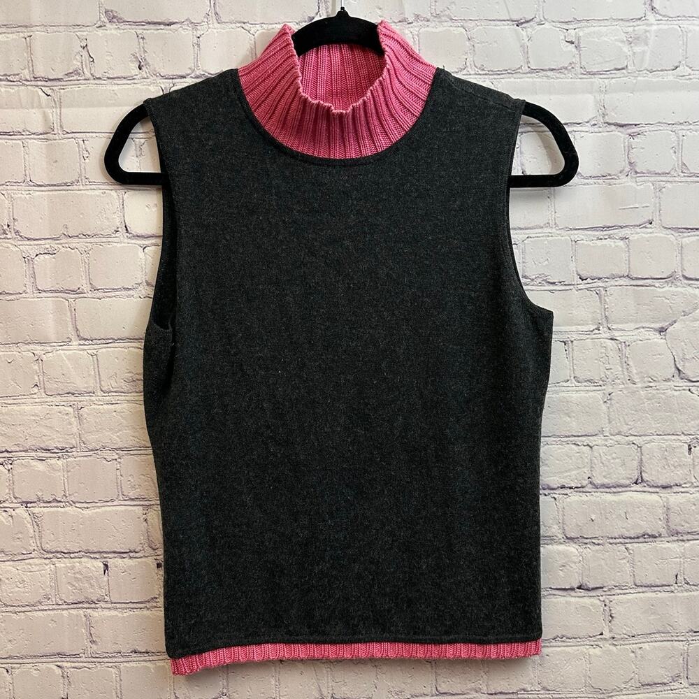 Vintage Carlisle Silk Cashmere Blend Gray Sweater Vest Pink Trim Turtle Neck